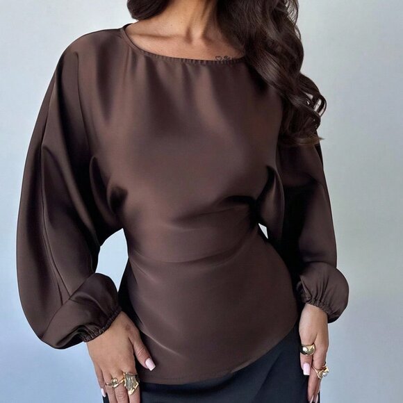 Brown Elegant Women's Romantic Coffee Round Neck blouse - Picture 1 of 7